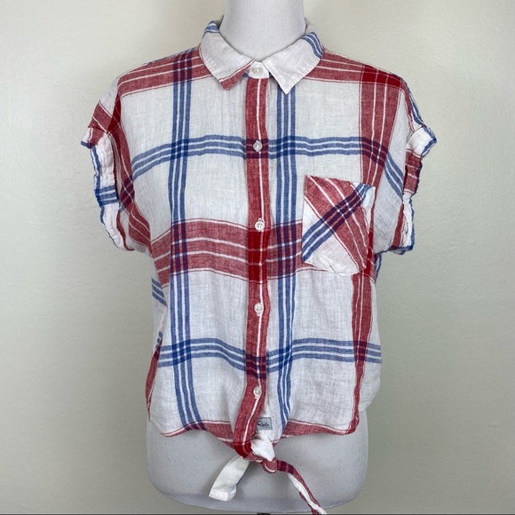 Rails Amelie Carmine Linen Blend Tie Front Shirt in Blue White Red - Picture 3 of 11